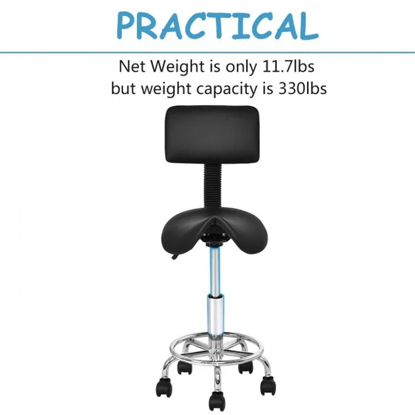 Tabouret avec dossier et roulettes Tabouret pivotant Hauteur réglage Salon de beauté, 150 kg max, 37x34x81-96cm, Noir