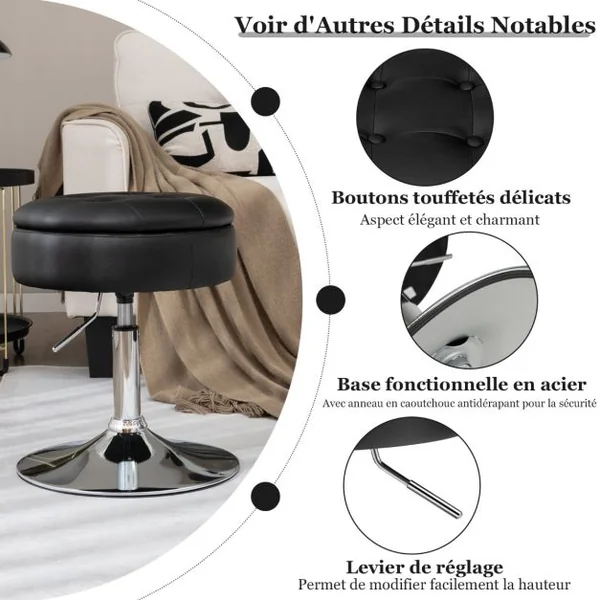 Tabouret avec Rangement Pivotante à 360° Housse Amovible Hauteur Réglable 51- 66 CM pour Salon Bureau Barbier Noir/Rose/Blanc