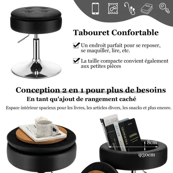 Tabouret avec Rangement Pivotante à 360° Housse Amovible Hauteur Réglable 51- 66 CM pour Salon Bureau Barbier Noir/Rose/Blanc