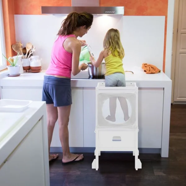 Tabouret d'Apprentissage pour Enfant Pliable 2 Hauteurs Réglable Filet de Sécurité et Rails de Protection Jusqu'à 60 kg Rose