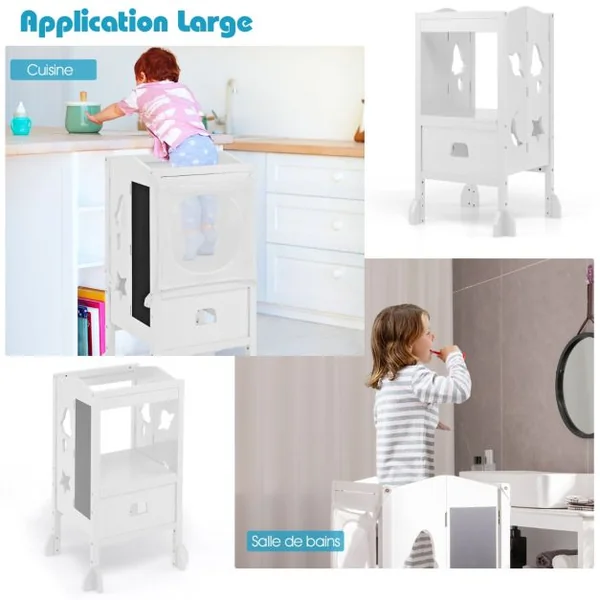 Tabouret d'Apprentissage pour Enfant Pliable 2 Hauteurs Réglable Filet de Sécurité et Rails de Protection Jusqu'à 60 kg Rose