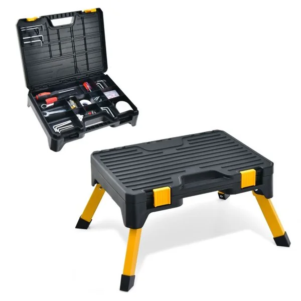 Tabouret d'Atelier Boîte à Outils 2 en 1 Charge 150kg Marchepied Pliant avec Marche Large pour Garage à Domicile Lieu de Travail Noir