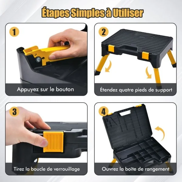 Tabouret d'Atelier Boîte à Outils 2 en 1 Charge 150kg Marchepied Pliant avec Marche Large pour Garage à Domicile Lieu de Travail Noir