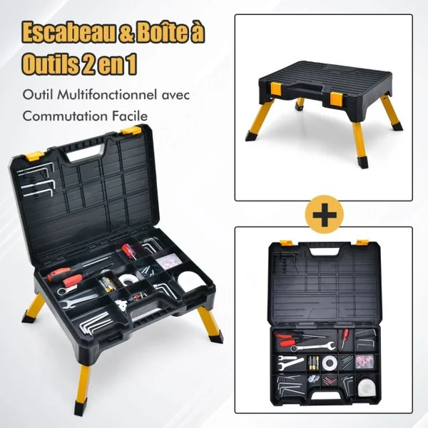 Tabouret d'Atelier Boîte à Outils 2 en 1 Charge 150kg Marchepied Pliant avec Marche Large pour Garage à Domicile Lieu de Travail Noir
