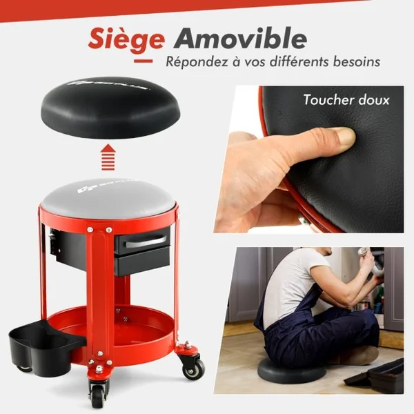 Tabouret d'Atelier Pneumatique avec 4 Roulettes Universelles Plateau à Outils Siège Rembourré 40 x 40 x 43,5 cm 150 kg