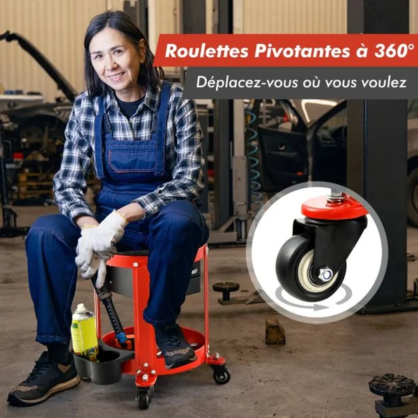 Tabouret d'Atelier Pneumatique avec 4 Roulettes Universelles Plateau à Outils Siège Rembourré 40 x 40 x 43,5 cm 150 kg