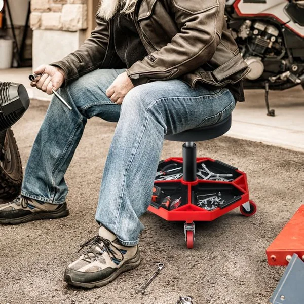 Tabouret d'atelier Pneumatique avec 4 Roulettes Universelles Plateau à Outils Siège Rembourré Capacité Max 150 kg