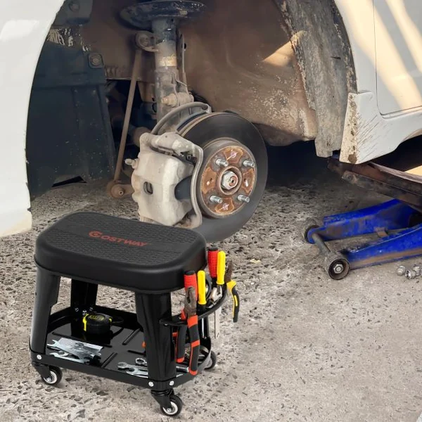 Tabouret d'Atelier Roulant avec Rangement Siège de Mécanicien Amovible avec Plateau d'Equipement Porte-outils Charge 136 kg Noir