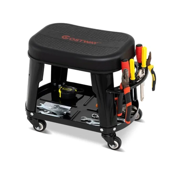 Tabouret d'Atelier Roulant avec Rangement Siège de Mécanicien Amovible avec Plateau d'Equipement Porte-outils Charge 136 kg Noir