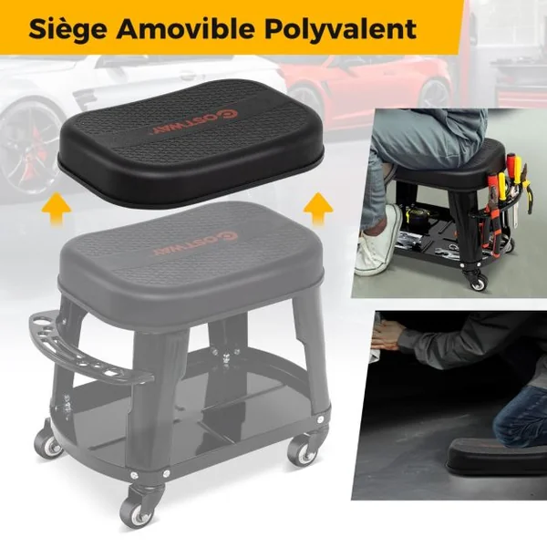 Tabouret d'Atelier Roulant avec Rangement Siège de Mécanicien Amovible avec Plateau d'Equipement Porte-outils Charge 136 kg Noir