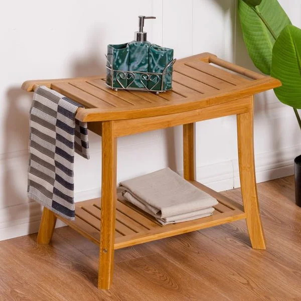 Tabouret de Aalle de Bain Petit Banc Léger et Polyvalent Surface Imperméable en Bambou, 61x33x46cm, Naturel