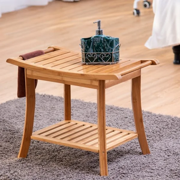 Tabouret de Aalle de Bain Petit Banc Léger et Polyvalent Surface Imperméable en Bambou, 61x33x46cm, Naturel