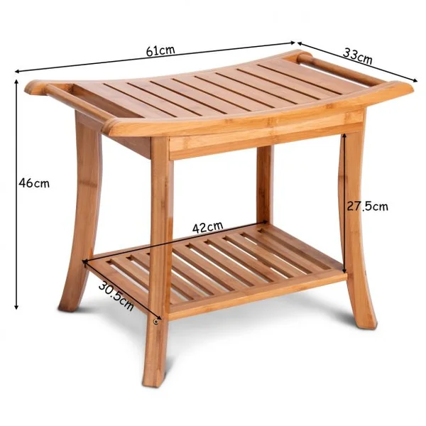 Tabouret de Aalle de Bain Petit Banc Léger et Polyvalent Surface Imperméable en Bambou, 61x33x46cm, Naturel