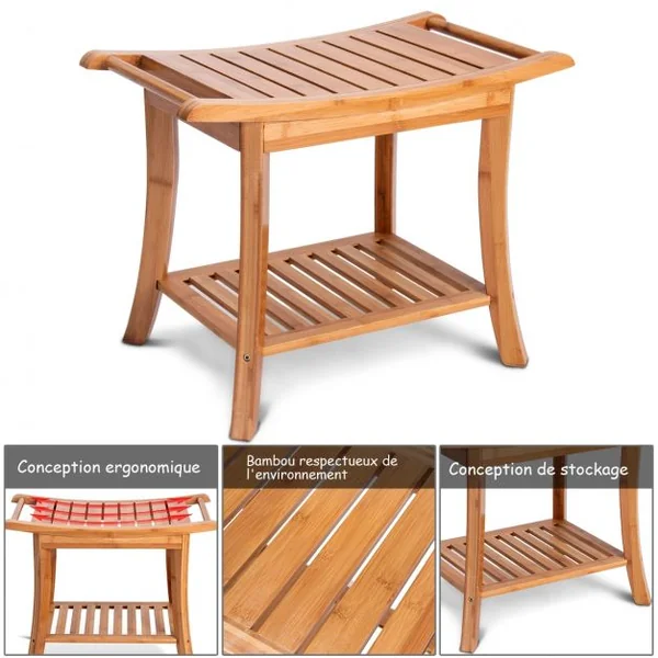 Tabouret de Aalle de Bain Petit Banc Léger et Polyvalent Surface Imperméable en Bambou, 61x33x46cm, Naturel