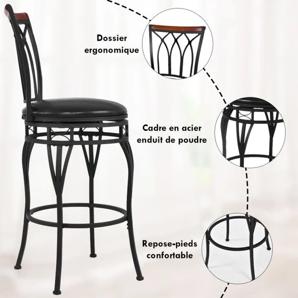 Tabouret de Bar de Style Industriel Réglable en Hauteur Capacité 100 Kg en Fer et Pu 44,5x44,5x100-112cm Noir