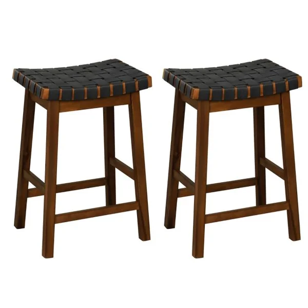 Tabouret de Bar Lot de 2 en Bois Massif Siège Tissés de Sangles en Simili Cuir Hauteur d’Assise 65cm Tabouret Cuisine Industriel Marron