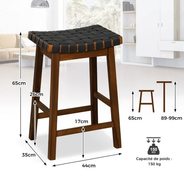 Tabouret de Bar Lot de 2 en Bois Massif Siège Tissés de Sangles en Simili Cuir Hauteur d’Assise 65cm Tabouret Cuisine Industriel Marron