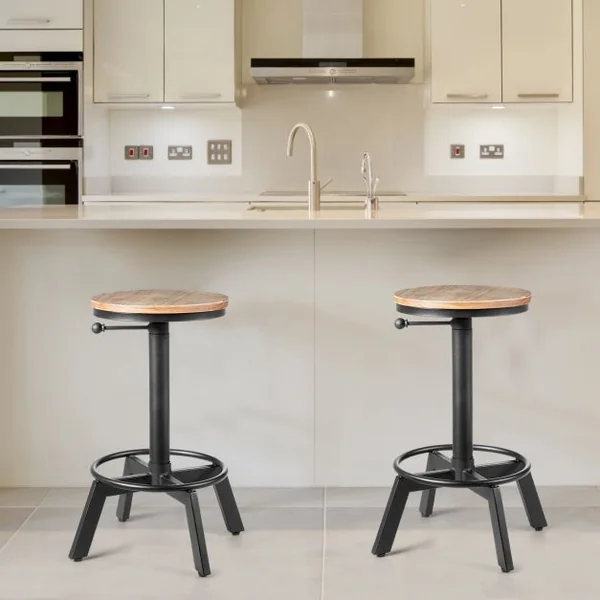 Tabouret de Bar Style Industriel Vintage Hauteur Réglable Rotatif à 360° Capacité 150kg en Fer et Pin 48x48x62,5-84cm