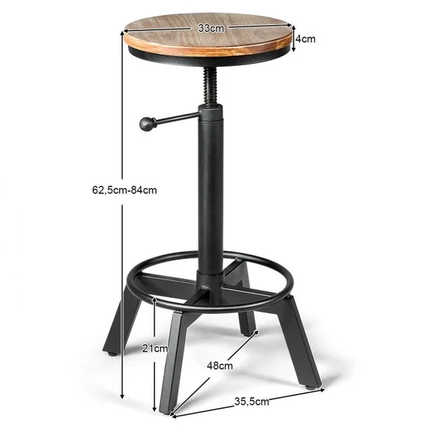Tabouret de Bar Style Industriel Vintage Hauteur Réglable Rotatif à 360° Capacité 150kg en Fer et Pin 48x48x62,5-84cm