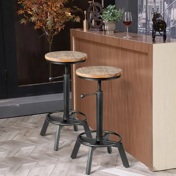Tabouret de Bar Style Industriel Vintage Hauteur Réglable Rotatif à 360° Capacité 150kg en Fer et Pin 48x48x62,5-84cm