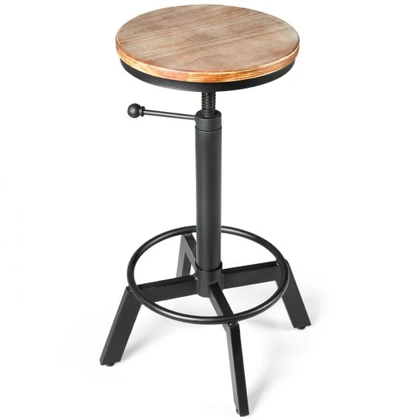 Tabouret de Bar Style Industriel Vintage Hauteur Réglable Rotatif à 360° Capacité 150kg en Fer et Pin 48x48x62,5-84cm