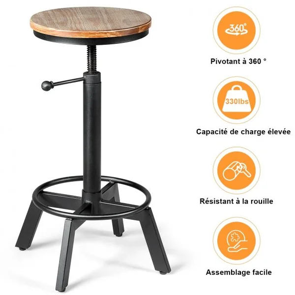 Tabouret de Bar Style Industriel Vintage Hauteur Réglable Rotatif à 360° Capacité 150kg en Fer et Pin 48x48x62,5-84cm