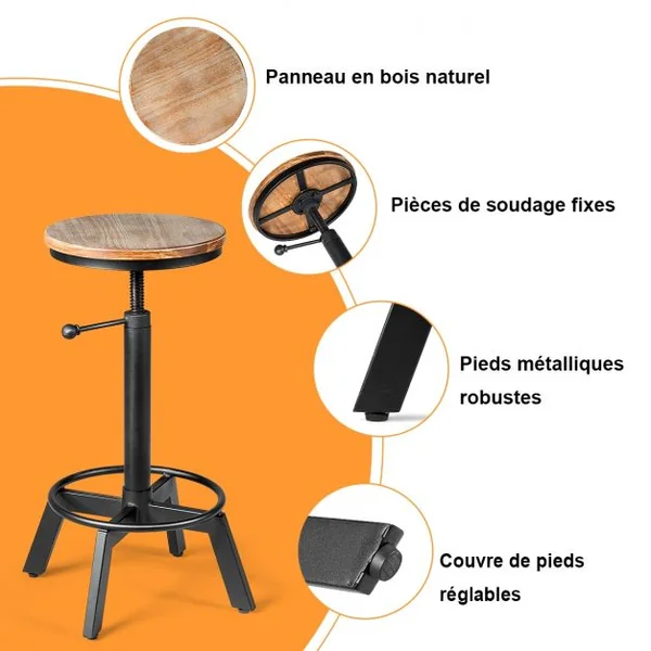Tabouret de Bar Style Industriel Vintage Hauteur Réglable Rotatif à 360° Capacité 150kg en Fer et Pin 48x48x62,5-84cm