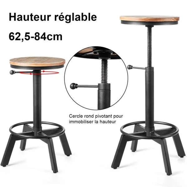 Tabouret de Bar Style Industriel Vintage Hauteur Réglable Rotatif à 360° Capacité 150kg en Fer et Pin 48x48x62,5-84cm