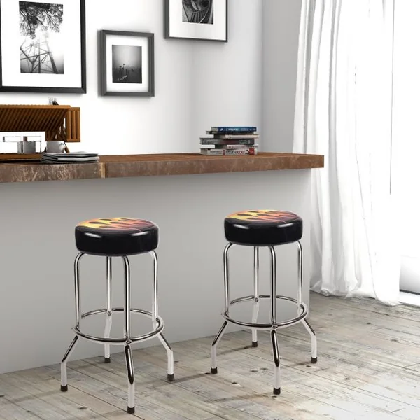 Tabouret de Bar Tabouret de Comptoir de Cuisine avec Repose-pieds en MDF Fer Éponge, 51x51x73cm, Noir à motif flamme