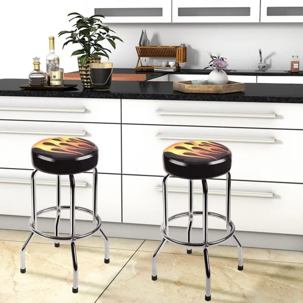 Tabouret de Bar Tabouret de Comptoir de Cuisine avec Repose-pieds en MDF Fer Éponge, 51x51x73cm, Noir à motif flamme