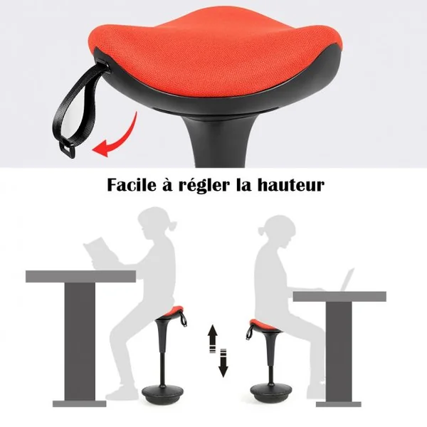 Tabouret de Bureau Ergonomique Hauteur Réglable Inclinable et Rotatif Capacité 125 kg 33x33x65-84 cm Orange