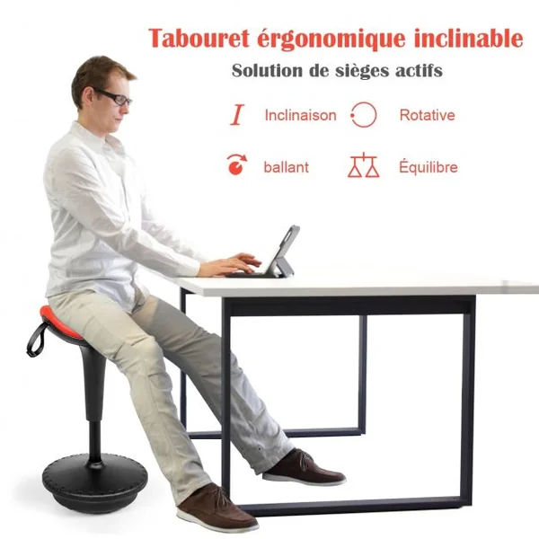 Tabouret de Bureau Ergonomique Hauteur Réglable Inclinable et Rotatif Capacité 125 kg 33x33x65-84 cm Orange