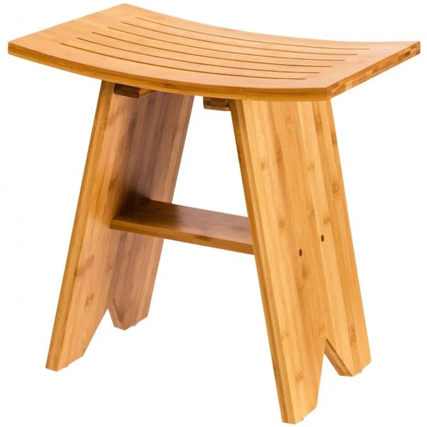 Tabouret de Douche avec Repose-pieds Siège Incurvé Capacité 120 Kg en Bambou 46x30x46cm Couleur de Bois