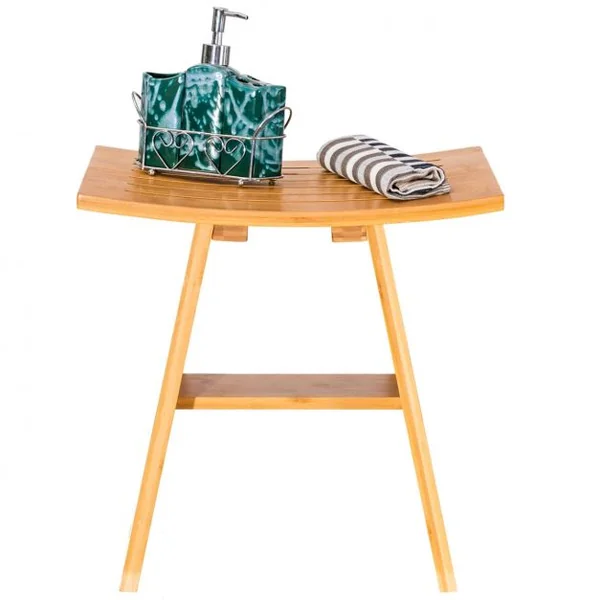Tabouret de Douche avec Repose-pieds Siège Incurvé Capacité 120 Kg en Bambou 46x30x46cm Couleur de Bois
