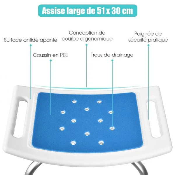 Tabouret de Douche et de Bain Siege de Douche Doux Hauteur Réglable Capacité 150kg en Epe 51x31,5x39-51cm Blanc