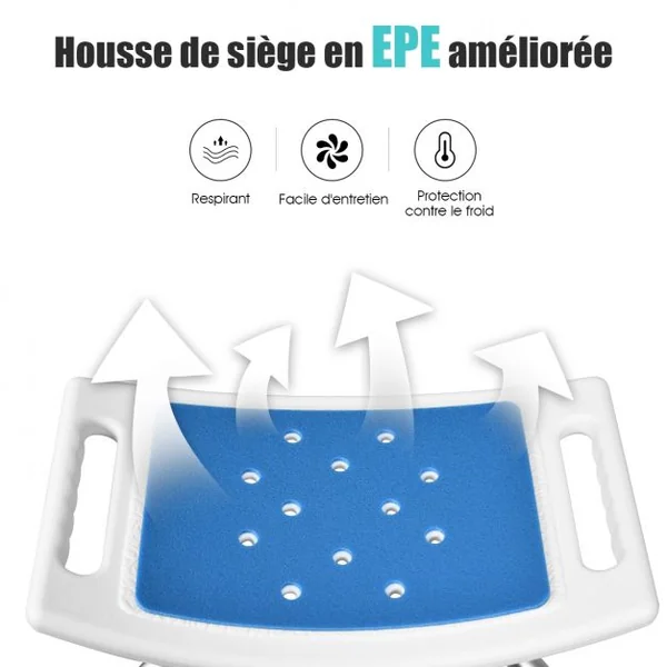 Tabouret de Douche et de Bain Siege de Douche Doux Hauteur Réglable Capacité 150kg en Epe 51x31,5x39-51cm Blanc