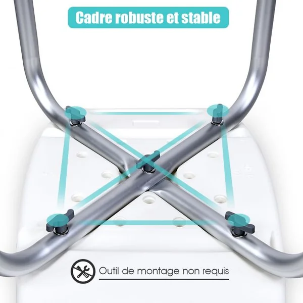 Tabouret de Douche et de Bain Siege de Douche Doux Hauteur Réglable Capacité 150kg en Epe 51x31,5x39-51cm Blanc
