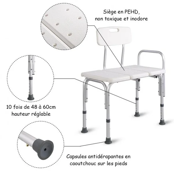 Tabouret de douche extra large Siège pour douche et baignoire Hauteur Réglable 46-57,5cm, 82x62 x82.5-94 cm, Blanc