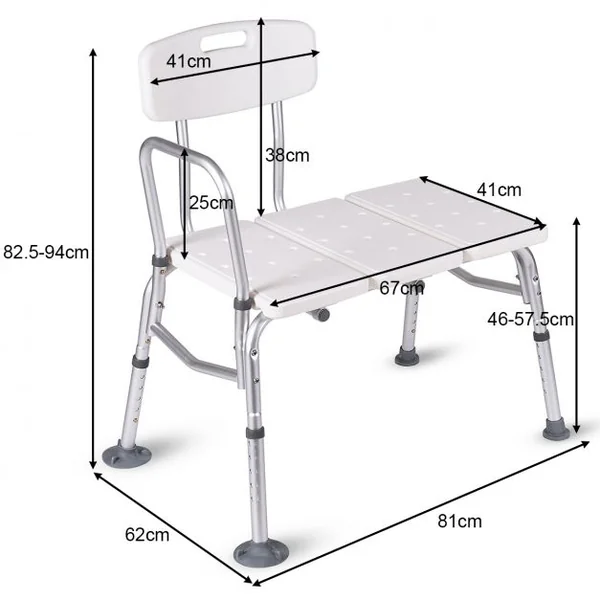 Tabouret de douche extra large Siège pour douche et baignoire Hauteur Réglable 46-57,5cm, 82x62 x82.5-94 cm, Blanc