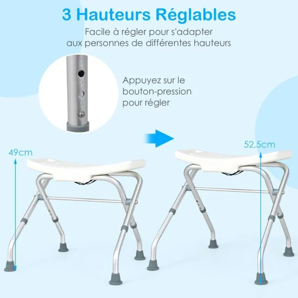 Tabouret de Douche Hauteur Réglable 49-52,5 cm Siège de Douche Accoudoirs Amovibles Pieds en Caoutchouc Antidérapants Blanc