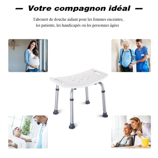 Tabouret de Douche Siège de Bain et Douche Hauteur Réglable 8 Positions Cadre Acier, 49x30x38-57cm, Argent/Blanc