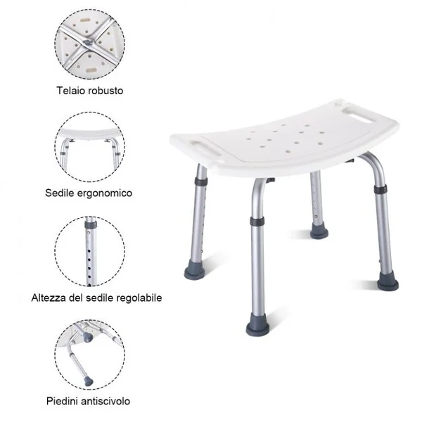Tabouret de Douche Siège de Bain et Douche Hauteur Réglable 8 Positions Cadre Acier, 49x30x38-57cm, Argent/Blanc