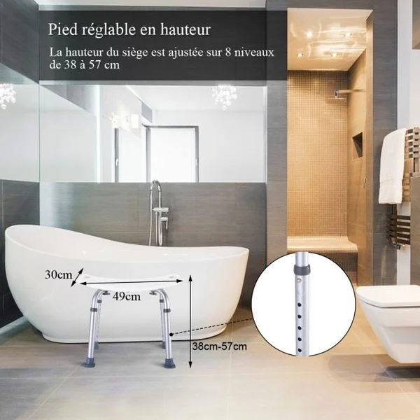 Tabouret de Douche Siège de Bain et Douche Hauteur Réglable 8 Positions Cadre Acier, 49x30x38-57cm, Argent/Blanc