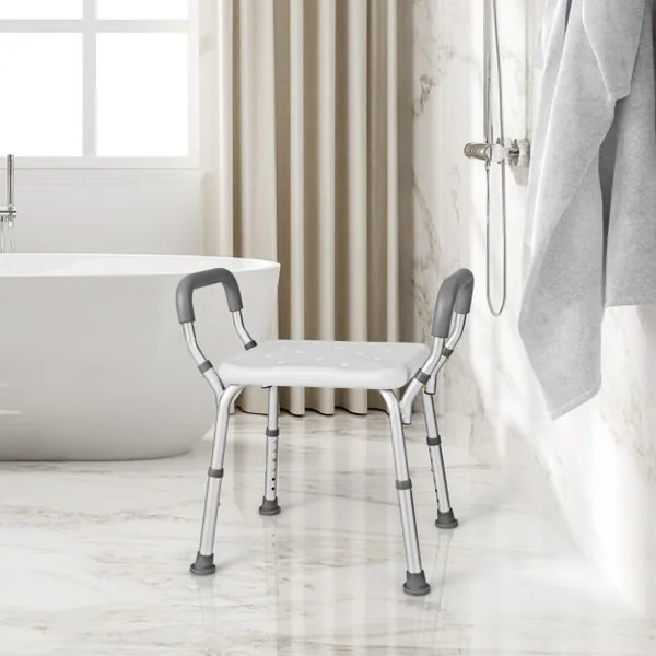 Tabouret de Douche Siège de Douche Hauteur Réglable 36-49 cm Accoudoirs Ergonomique Amovibles Pieds en Caoutchouc Antidérapants