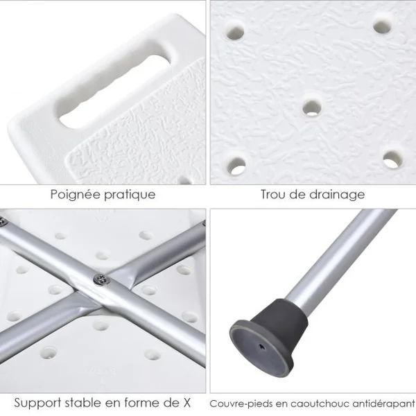 Tabouret de Douche Siège Incurvé Repose Pied Hauteur Réglable Capacité 150kg en Alliage D'aluminium 51x31x42,5-56cm