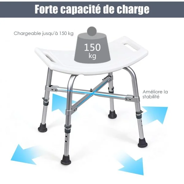 Tabouret de Douche Siège Incurvé Repose Pied Hauteur Réglable Capacité 150kg en Alliage D'aluminium 51x31x42,5-56cm