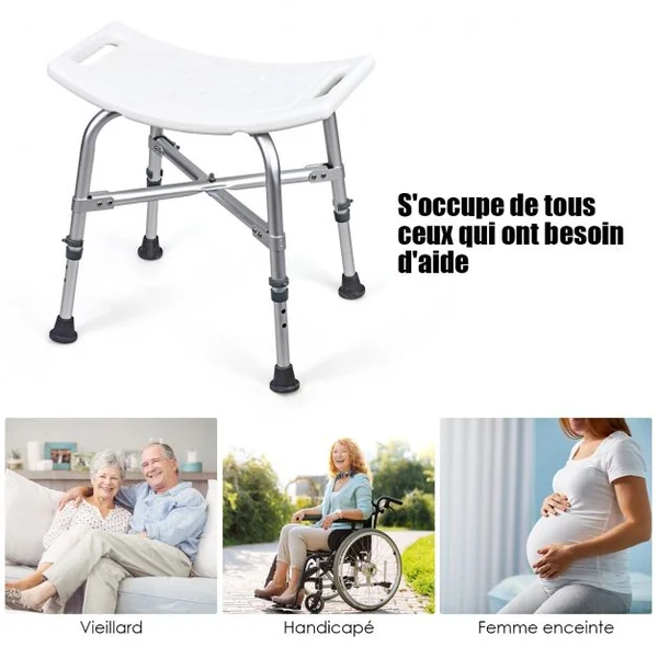 Tabouret de Douche Siège Incurvé Repose Pied Hauteur Réglable Capacité 150kg en Alliage D'aluminium 51x31x42,5-56cm