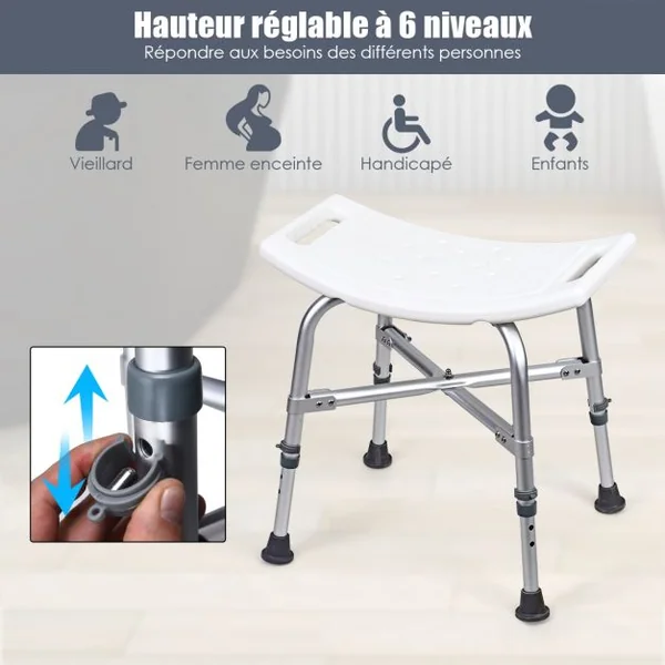 Tabouret de Douche Siège Incurvé Repose Pied Hauteur Réglable Capacité 150kg en Alliage D'aluminium 51x31x42,5-56cm