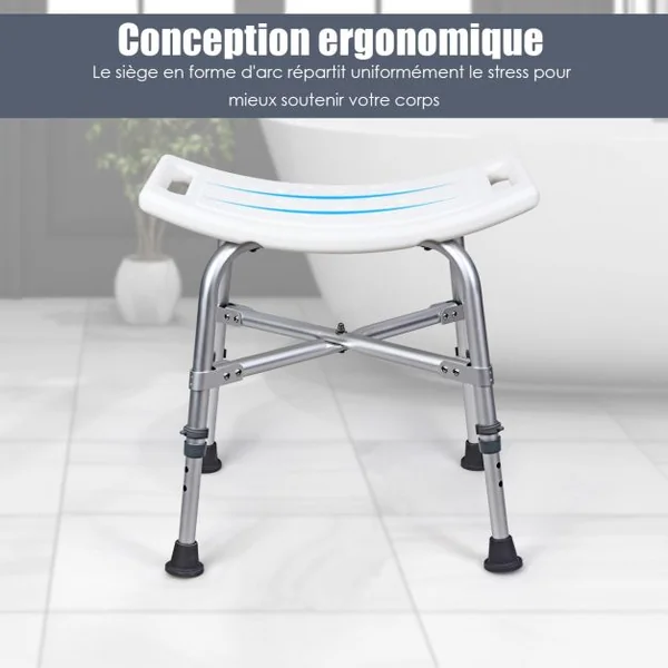 Tabouret de Douche Siège Incurvé Repose Pied Hauteur Réglable Capacité 150kg en Alliage D'aluminium 51x31x42,5-56cm