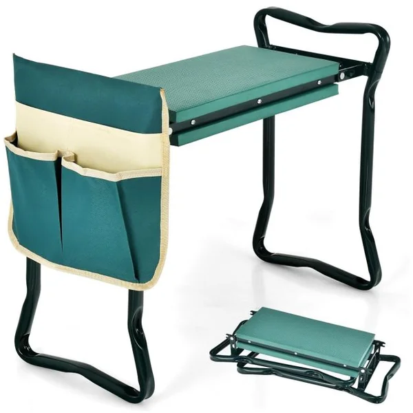 Tabouret de Jardinage Pliable Agenouilloir de Jardin avec Sacs à Outils Coussinet Epais en Eve Charge 150kg 58x27,5x49cm Vert